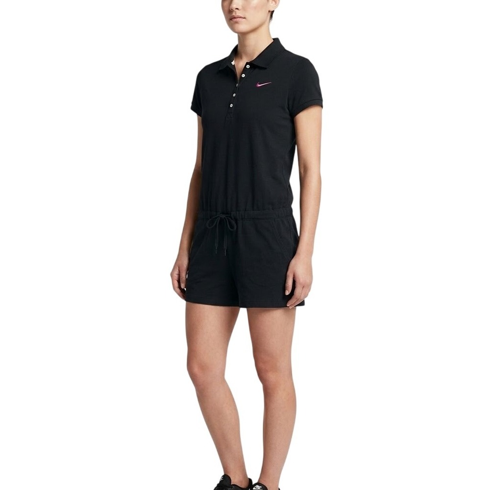 Nike Polo Dress Womens Large Black Pink Swoosh Drawstring 465715-010 Sporty Logo